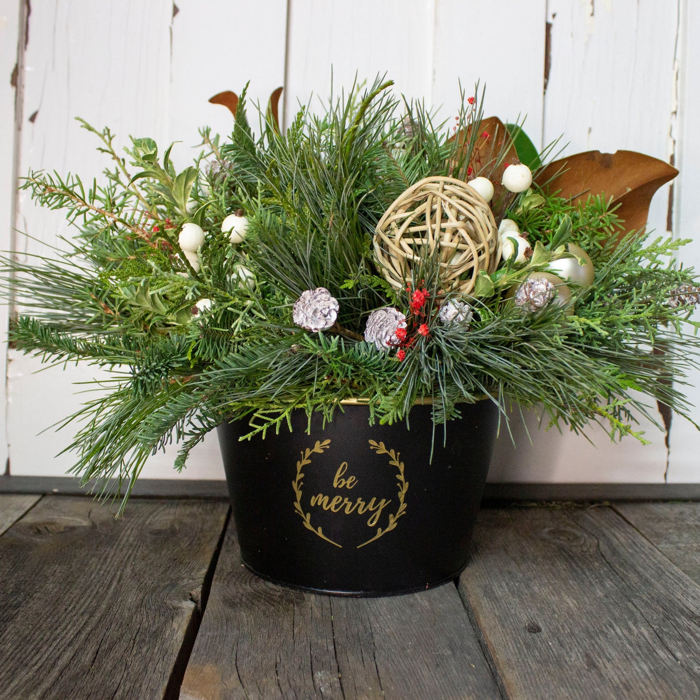 Centerpiece in Round Black Merry Christmas Tin - Fernwood & Co
