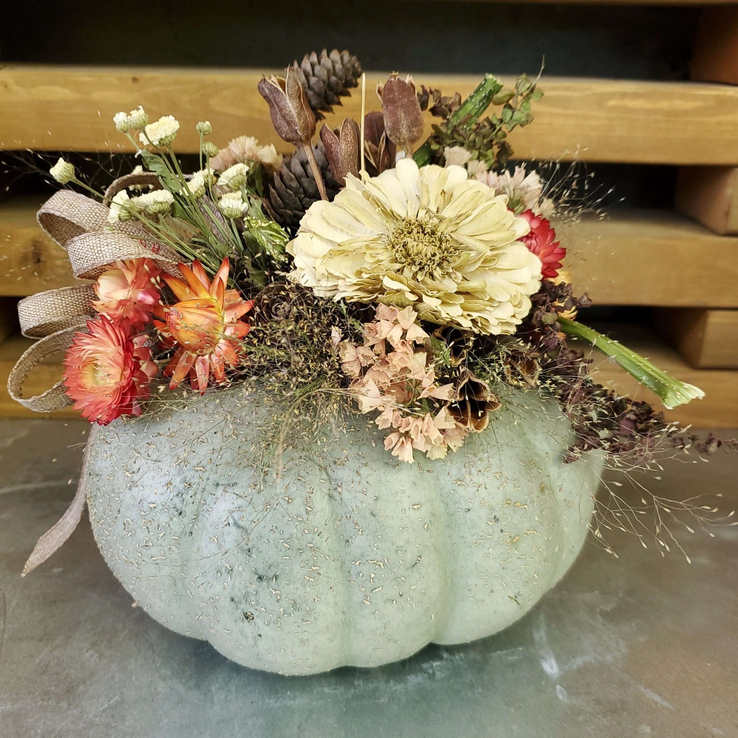 Large Blue Dried Flower Pumpkin Arrangement - Fernwood & Co