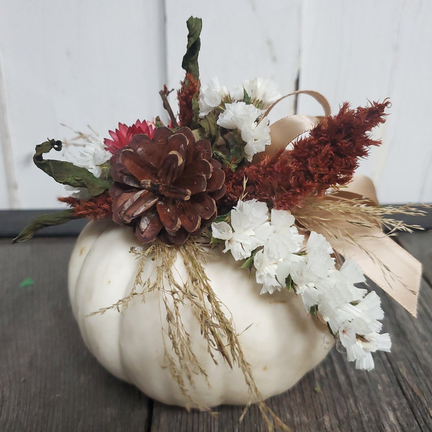 Mini White Dried Flower Pumpkin Arrangement - Fernwood & Co