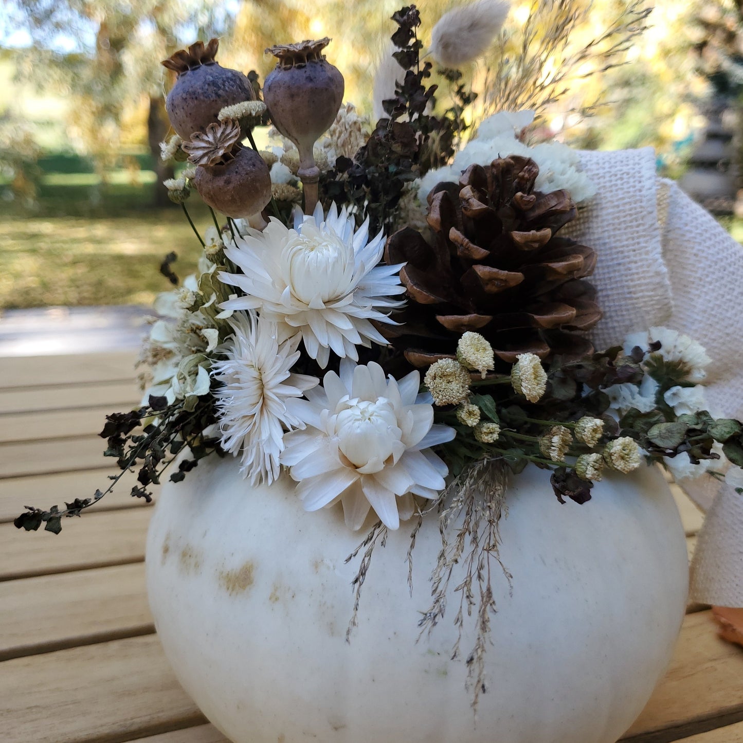 Small White Dried Flower Pumpkin Arrangement - Fernwood & Co