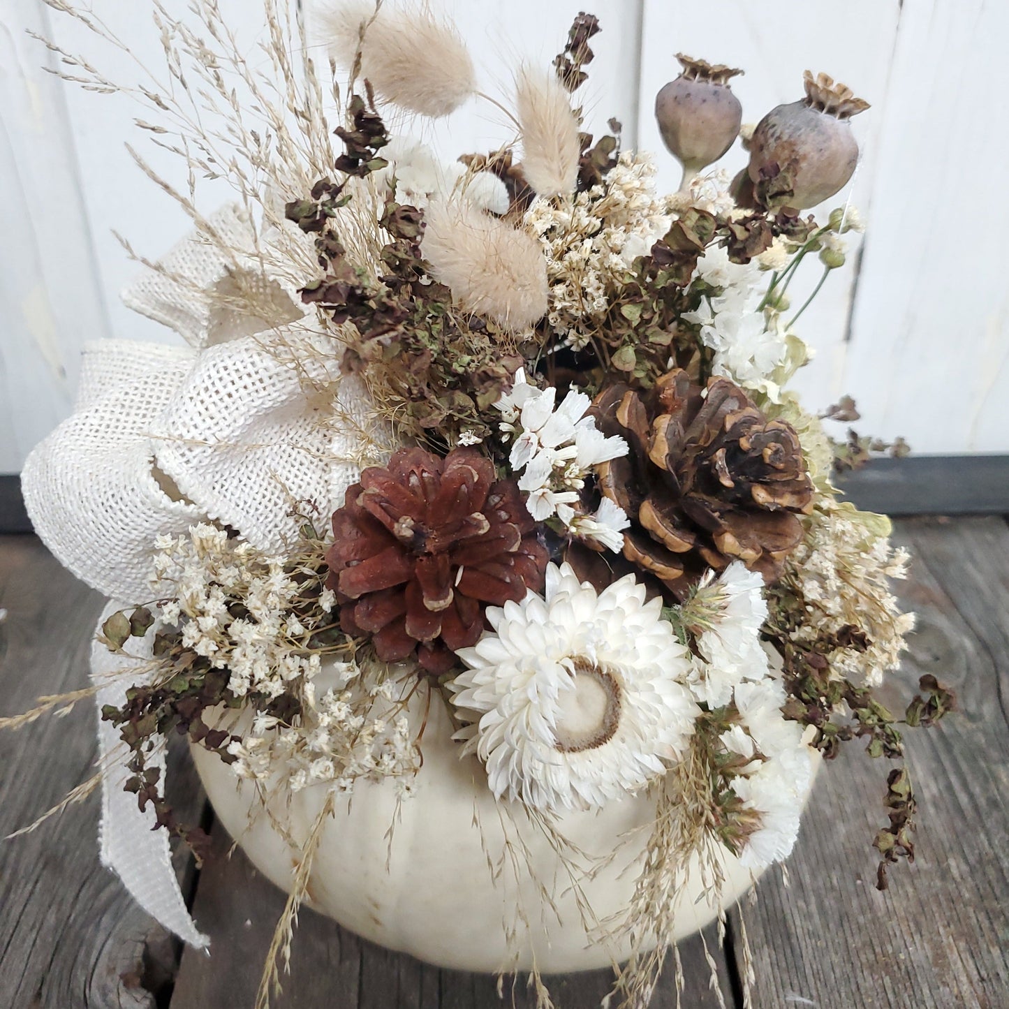 Small White Dried Flower Pumpkin Arrangement - Fernwood & Co