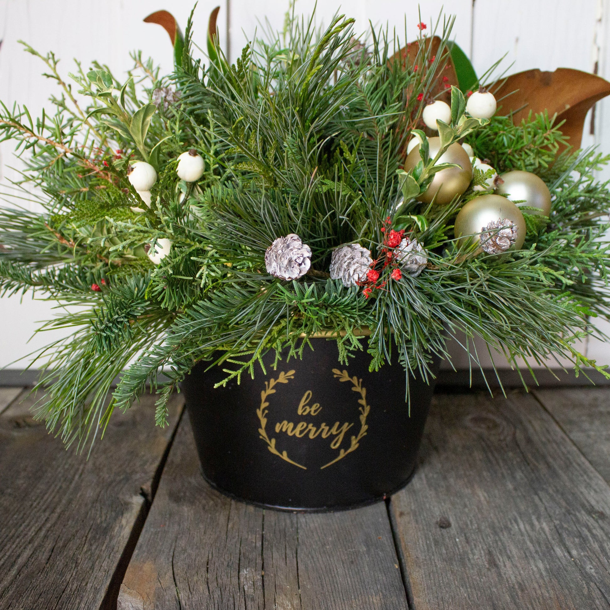 Centerpiece in Round Black Merry Christmas Tin - Fernwood & Co