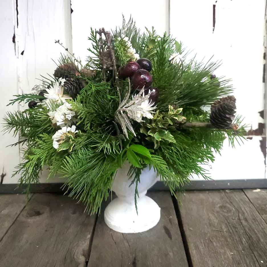 Holiday Centerpiece in White Compote Vase - Fernwood & Co