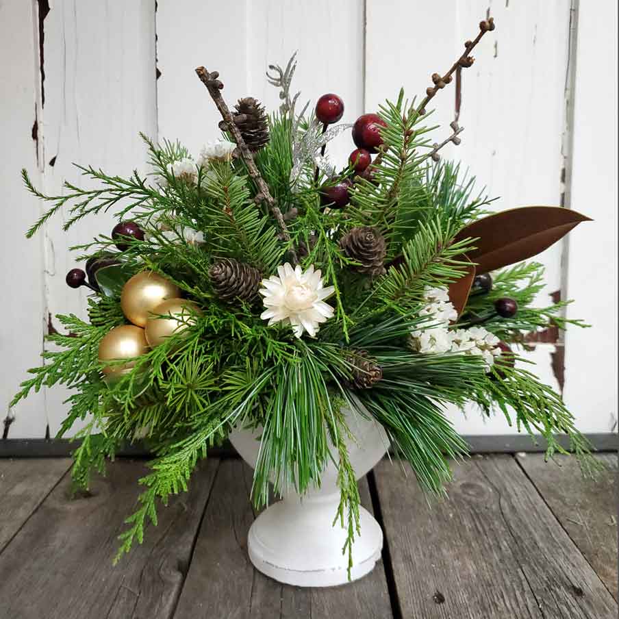 Holiday Centerpiece in White Compote Vase - Fernwood & Co
